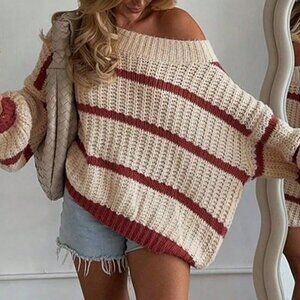 Red And White Casual Colorblock Women's Striped Loose Pullover Sweater